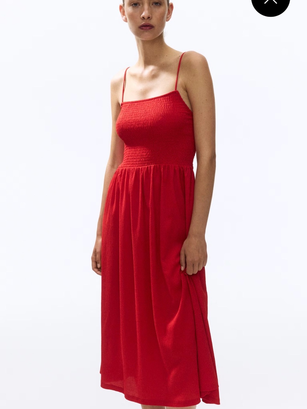 H&M Red Smocked Bodice Midi Dress with Spaghetti Straps